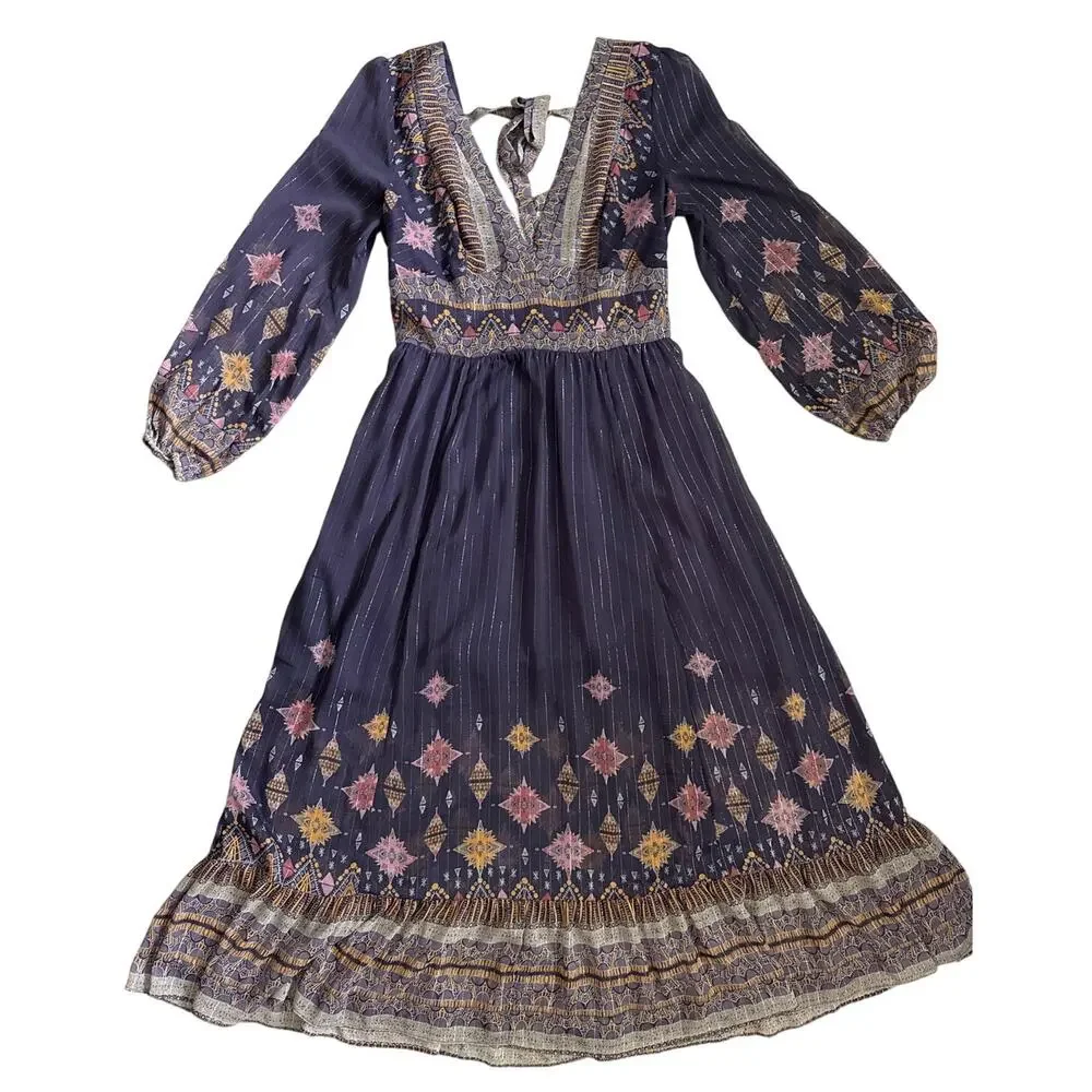Free People Wishing Well Metallic Lurex Boho Printed Midi Dress Purple Sz Large - Picture 3 of 10